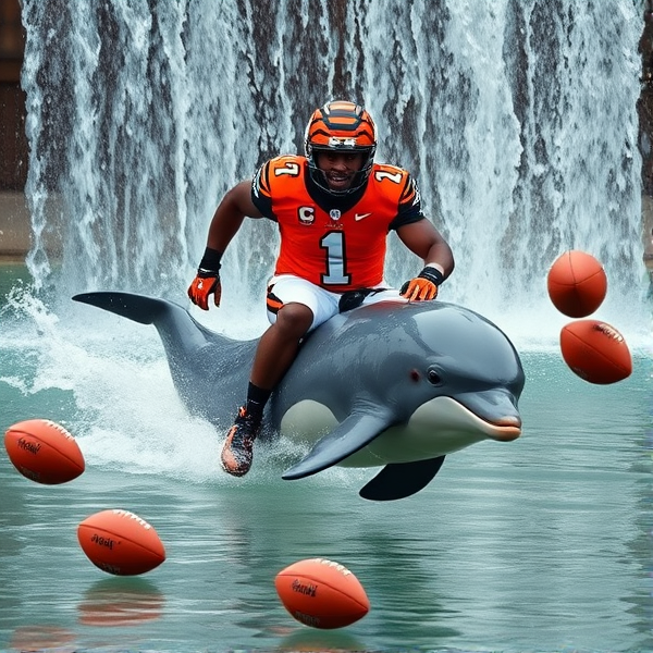 Jamar chase  wearing jersey number 1 for the Cincinnati bengals riding a dolphin at a waterfall chasing footballs