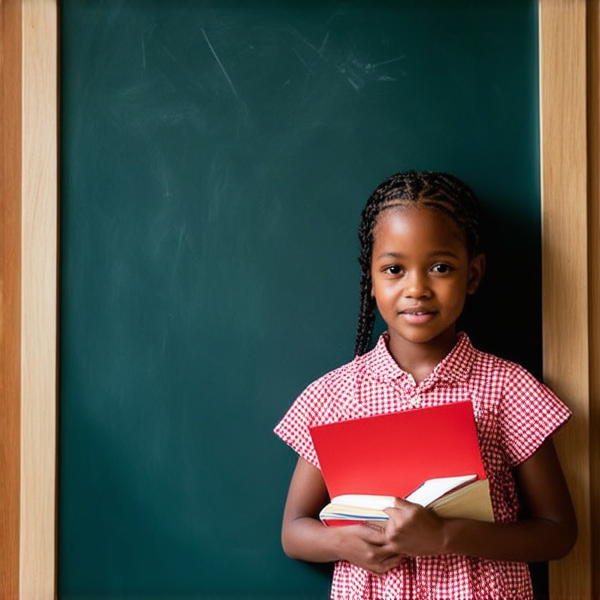 A 8 year-old African girl with intricate braided hair, standing confidently in a vibrant classroom environment, holding notebooks in her hands while facing a chalkboard filled with educational content