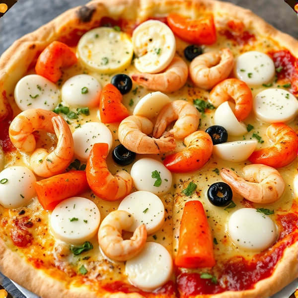 A delicious pizza topped with fresh seafood, garlic, oregano, and mozzarella cheese