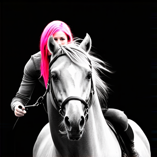 fusain : De profil, image de tete au pied,  Une femme aux chauveux rose fushia, sur un cheval qui galoppe. elle porte un jean, elle a les chauveux lachés