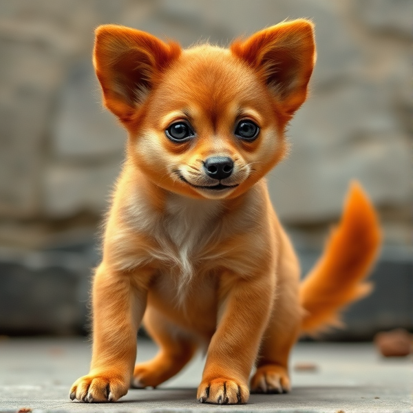 An animal with an orangatan head with a body like a dog and ears like a dog and a tail like an orangatan