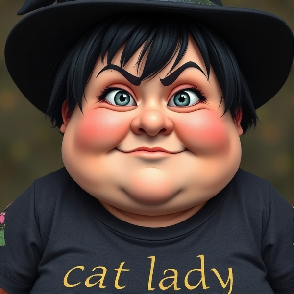 Une sorcière ronde aux cheveux cours noirs avec des yeux gris, visage rond. Elle a l'air malicieux. Habillée avec un t-shirt sur lequel il est écrit "cat lady"