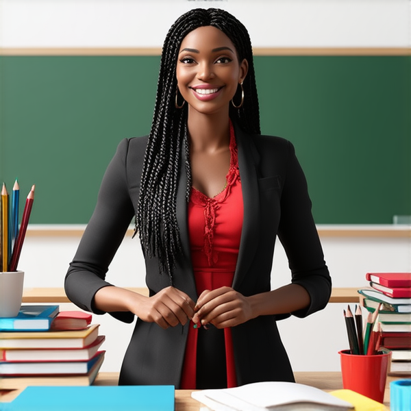 Une  institutrice africaine élégante de 50 ans avec des tresses africaines traditionnelles, vêtue d'un uniforme se tient debout devant un tableau noir dans une salle de classe lumineuse et bien rangée, souriante et prête à enseigner. Elle est entourée d'élèves noirs âgés de 10 ans et de fournitures scolaires typiques comme des livres, des cahiers et des crayons, accentuant son rôle d'éducatrice.