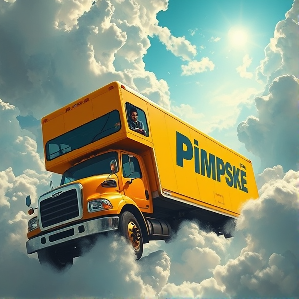 In heaven, all yellow moving truck that says the word "PIMPSKE" ON THE SIDE of trailer, black driver waving out window, truck is driving into heaven