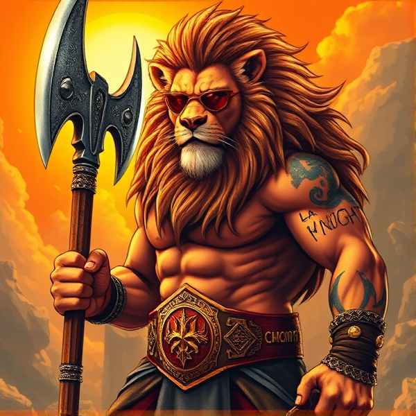 Un Lion barbare dieux du soleil une hache comme Léo escanor, avec des poils de lion et une carrure imposante et avec la ceinture de LA KNIGHT le catcheur et ces lunettes de soleil, il a un tatoo avec marqué LA KNIGHT