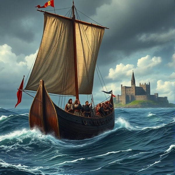 Drakkar viking avec des détails précis de l'époque naviguant en direction de l'abbaye de Lindisfarne, située sur une mer agitée, sous un ciel orageux et menaçant qui annonce une tempête. Les voiles sont gonflées par le vent fort, les vagues éclaboussent la coque robuste du navire. L'équipage est composé de Vikings en tenues d'époque, maniant rames et voiles avec expertise. En arrière-plan, l'abbaye se profile, ancrée dans un paysage côtier typique du nord de l'Angleterre durant le Haut Moyen Âge, pour créer une illustration fidèle et saisissante pour la couverture d'un livre historique.