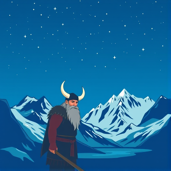 A blue background with stars glaciers and a Viking