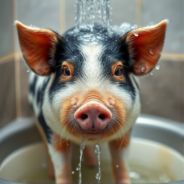 Un cochon qui grimace sous la douche
