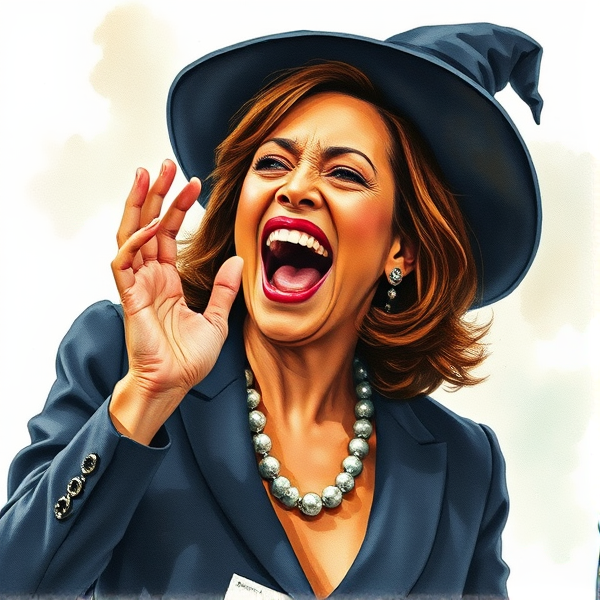 watercolor image of full body Kamala Harris cackling like an evil witch