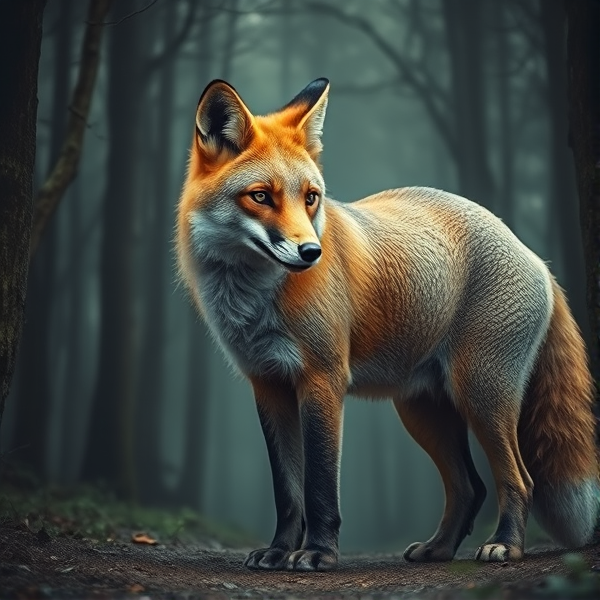 majestic fox with the textured skin of an elephant, standing in a mystical forest