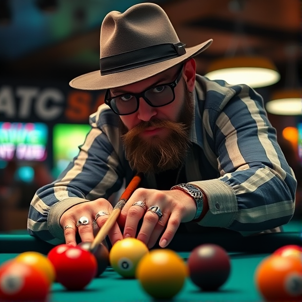 35 year old guy that looks like Kevin bieksa playing pool with rings on his fingers and a gangster hat on