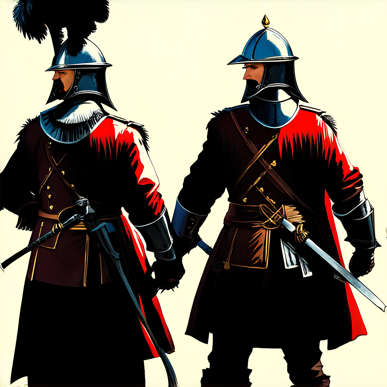 Bataille religieux entre soldats en collerettes et chapeaux à plumes ,. Casques ,Mousquetaires ,  Chevaliers, 17 ème siècle, baroque , dans une ville médiévale