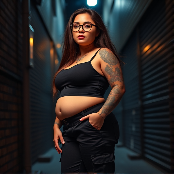 Realistic portrayal of a confident, curvy woman standing at 4’11” with a plus size figure, prominently featuring a large stomach, ample breasts, voluminous thighs, and a pronounced buttocks. She is 26 years old, sporting sleek black glasses and her flowing brown hair cascades down her back. Her body is adorned with a myriad of tattoos. Dressed in tactical black cargo pants paired with a form-fitting black tank top, she stands in the dimly lit ambience of an urban alleyway under the cover of night