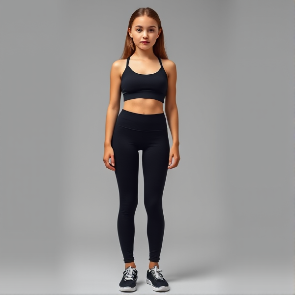 Refined portrait of a 15-year-old girl, capturing her classical hourglass figure characterized by elegantly curved hips, well-toned thighs, and a proportional full bust accentuated by a slim waist. She stands in a poised full-body stance wearing chic black leggings and a coordinating sports bra that highlight her vitality and athleticism. The image should convey sophistication and the essence of youthful health and fitness.