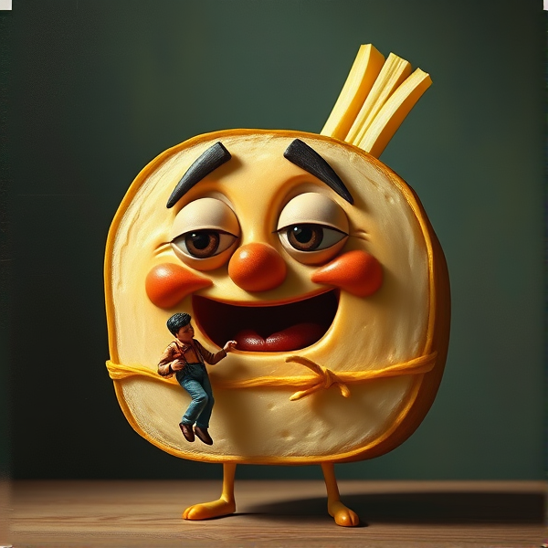 surrealistic painting of an anthropomorphic piece of food with human-like features humorously pretending to eat a tiny person, focus on the expressive face of the food character