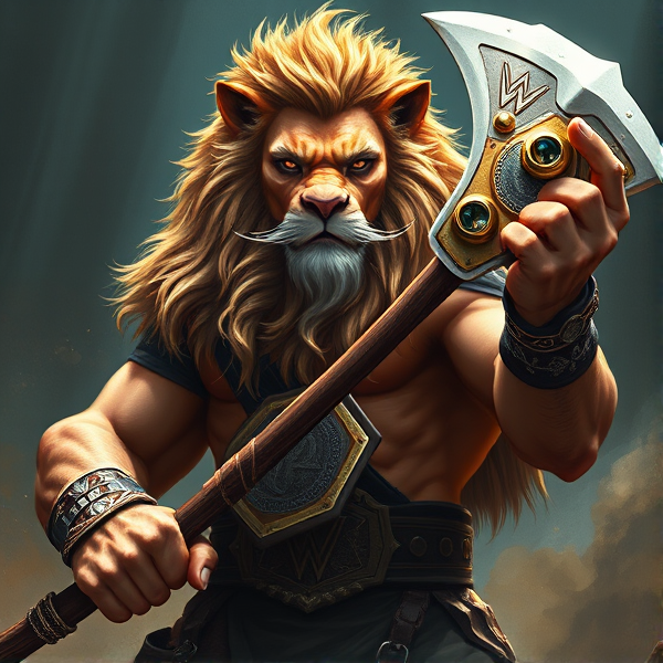 Un Lion barbare dieux du soleil une hache comme Léo escanor, avec des poils de lion et une carrure imposante et avec la ceinture de la wwe le catcheur et ces lunettes de soleil, il a un tatoo sur le bras avec le logo LA KNIGHT