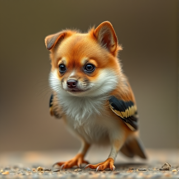 a small animal with a dog head and a bird body