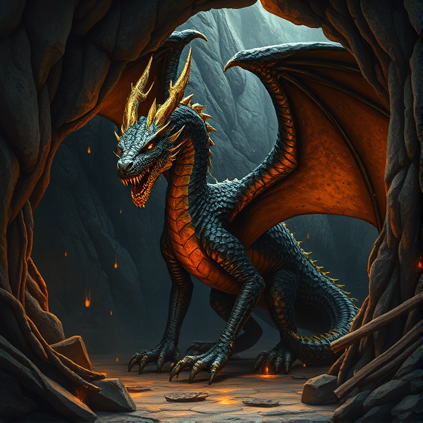 A fantasy style of a dark gold dragon in a cave