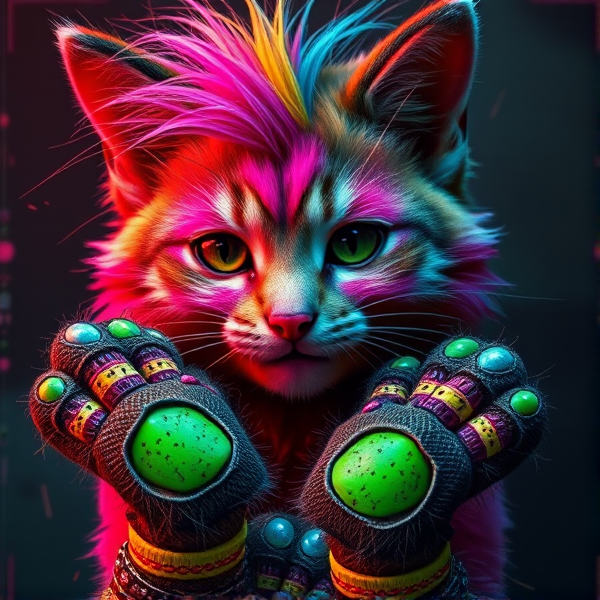 Unique fursona cat dog fox wolf pink and brown furry with scenecore gloves and rainbow hair tuft, brightly coloured bracelets over the hands. Green paw pads