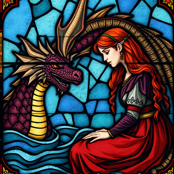 Red haired young teenage Arthurian princess kneeling to listen to a long necked sea dragon talk to her from the sea in the style of medieval stained glass