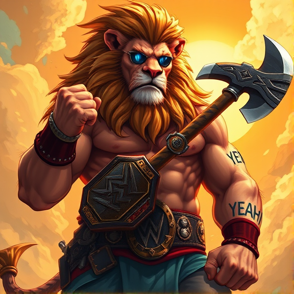 Un Lion barbare dieux du soleil, il tien une hache dans la main, avec des poils de lion et une carrure imposante et avec la ceinture de la wwe le catcheur et ces lunettes de soleil, il a un tatoo sur le bras écris YEAH!