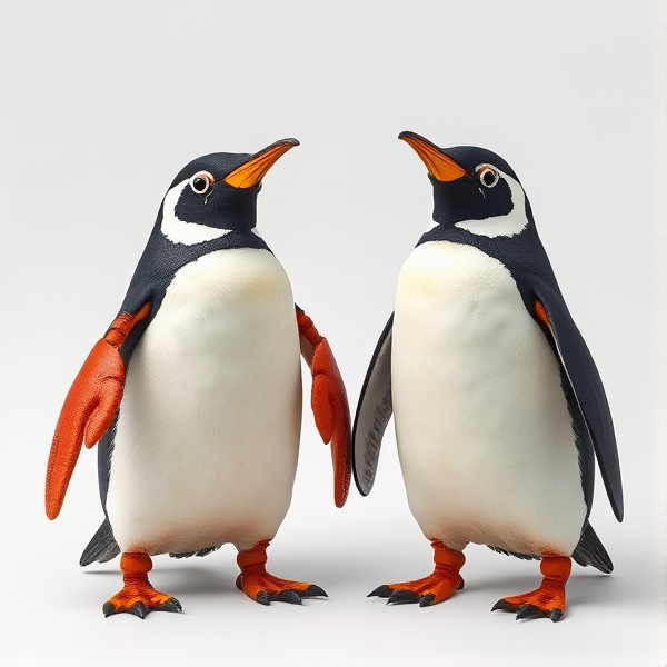 Two anthropomorphic penguin lobsters, each with a lobster's exoskeleton combined with a penguin's flippers and a white belly.