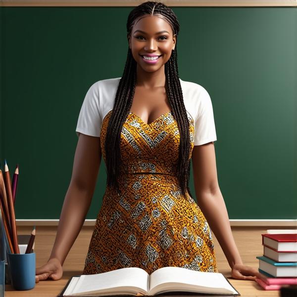 Une institutrice africaine élégante de 50 ans avec des tresses africaines traditionnelles, vêtue d'une robe africaine se tient debout devant un tableau noir dans une salle de classe lumineuse et bien rangée, souriante et prête à enseigner. Elle est entourée d'élèves noirs âgés de 10 ans et de fournitures scolaires typiques comme des livres, des cahiers et des crayons, accentuant son rôle d'éducatrice.