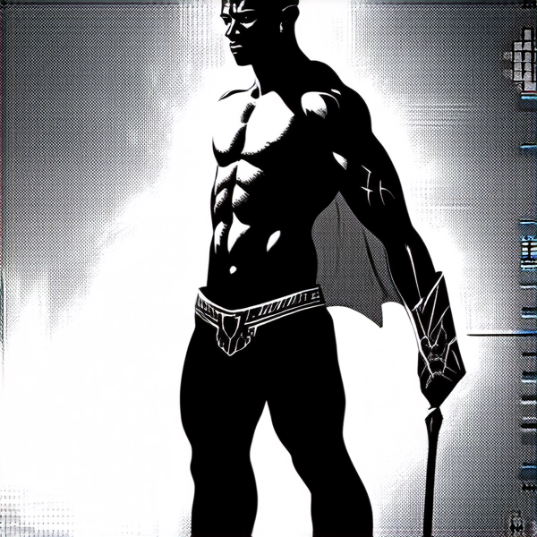 un guerrier noir adolescent beau et jeune avec beaucoup de cheveux  avec une musculature sculpté mais un peu mince avec une allure de super héro africain et un regard sérieux et profond debout avec une cape et un masque africain et une lance au dos avec des cicatrices stylé