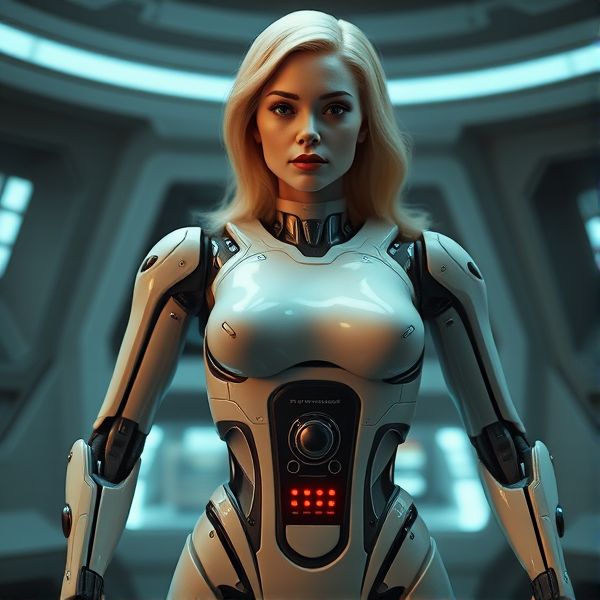 Star Trek fembot human blonde android robot body with control panel in stomach computer