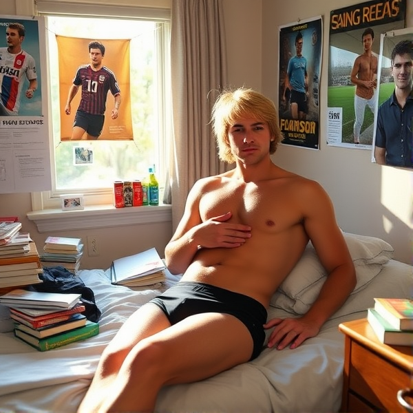The late afternoon sun streamed through the window, casting a warm glow over the small dorm room. Posters of soccer legends adorned the walls, and a pile of textbooks lay haphazardly on the desk. Aaron, with his golden hair and sculpted, muscular body, lounges shirtless on his bed. He was proud of his physique and took every opportunity to show it off. He wears form-fitting black boxer briefs that highlight his narrow waist and toned thighs.

His blonde girlfriend straddles him, her hands on his hard chest. Her black lingerie highlights her attractive body.