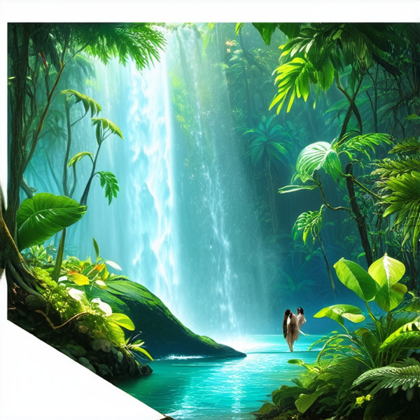 forêt tropicale luxuriante avec une biodiversité riche, cascades scintillantes et rayons de soleil perçant la canopée