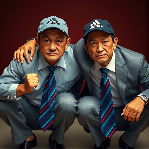 Deux  différents hommes d'affaires japonais puissants mature  accroupis et faché  portant des casquettes Adidas  et des cravates rayées longues  bleue rouge et oreillettes Apple 
Ils sont complices et conquérants , ils dominent 
 , accroupis pas trop et regard fort
Ils sont hypnotisant du regard , amis, complice , envoûtant , charismatique 
Ils se tiennent par les épaules , il fixent l objectif de la caméra
