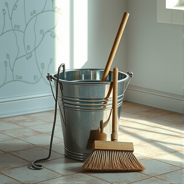 Seau d'eau en métal scintillant avec des reflets de lumière, accompagné d'une brosse et d'un balai  disposés de manière artistique au centre d'une pièce aux murs blanchis à la chaux et au sol carrelé de céramique ancienne