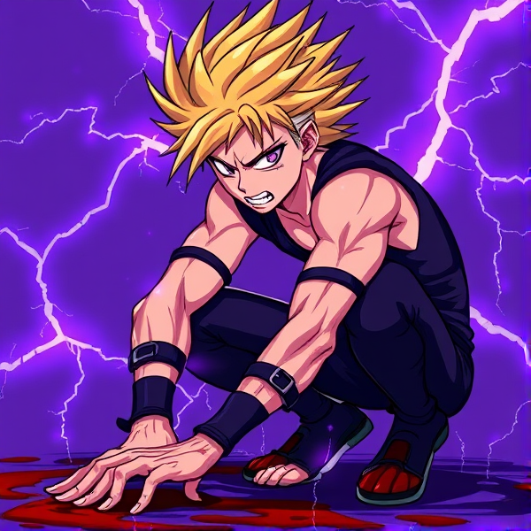 My hero academia anime cartoon style original character with vibrant blonde spikey and jagged hair exuding an aura of malevolence. Embodies the essence of evil as a villain at the young age of 15. Male with a menacing purple electric quirk, visualized by crackling energy surrounding his body. Donning a signature villain costume that's sleeveless to showcase his battle-worn scars adorning his arms, which are accentuated by straps wrapped tightly around each bicep. His eyes, a piercing shade of purple, glare with malevolent intent. The costume is tight-fitting to highlight his lean and muscular physique. Captured in a dynamic side view, he is crouched down low to the ground, knees bent and one hand touching the floor as if ready to pounce. His expression twists into a very evil sneer as he locks eyes intently on someone out of frame. To complete this menacing image, he is drenched in blood that seems fresh from a recent conflict, adding an element of horror and intensity to his villainous persona