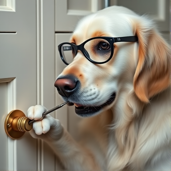 an english cream golden retriever picking the lock on a cabinet to get to her food. she's holding a professional lockpick in her mouth and wearing a jeweler's loupe. realistic looking.