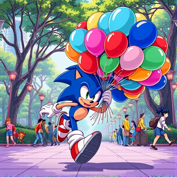 Sonic the Hedgehog captured mid-stride in a dynamic running pose, gripping a vivid collection of assorted balloons 450 each measuring 16 inches, amid a bustling park filled with activity and greenery, all illustrated in a richly saturated anime art style