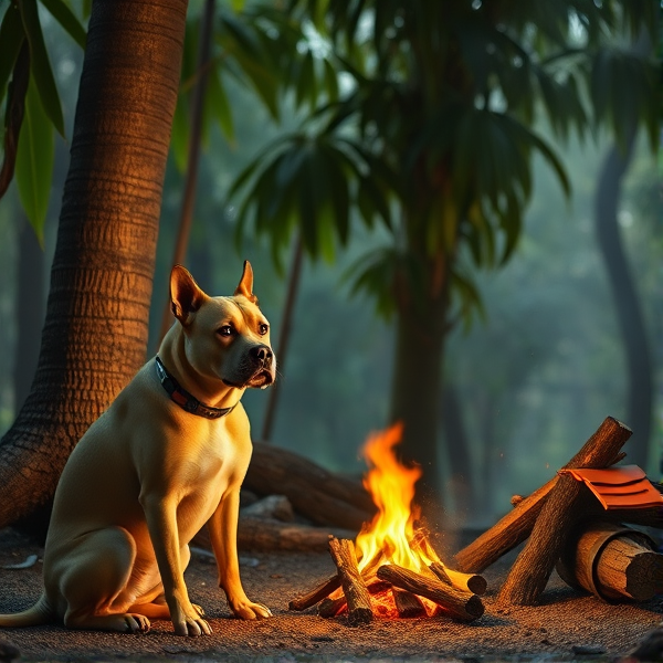 Dog siting next to handsome shrek around a fire under a pandanas tree