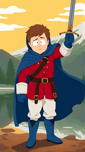 Clyde Donovan from South Park, light skin and brown hair, but as a 14-Year Old, dressed as a medieval prince with a red shirt with white sleeves, a black belt with a gold buckle, white pants, blue boots, blue long-cuffed gloves, and wreathed in a big blue hooded cape, now known as Prince Donovan. Despite still being a kid, he is the Youngest Ruler of South Park, Colorado, but now reborn as the real life Kingdom of Kupa Keep, Zaron, and Prince Donovan is its youngest and greatest hero. His weapon is the legendary enchanted sword called the Sword Of Zaronia, which he swings with pride as he slashes his enemies down to size. The young teenage prince of Kupa Keep is currently standing by the shoreline of a lake, wondering what his next adventure will be.