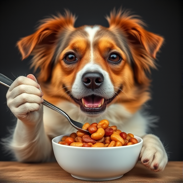 A dog holding a spoon and eating beans