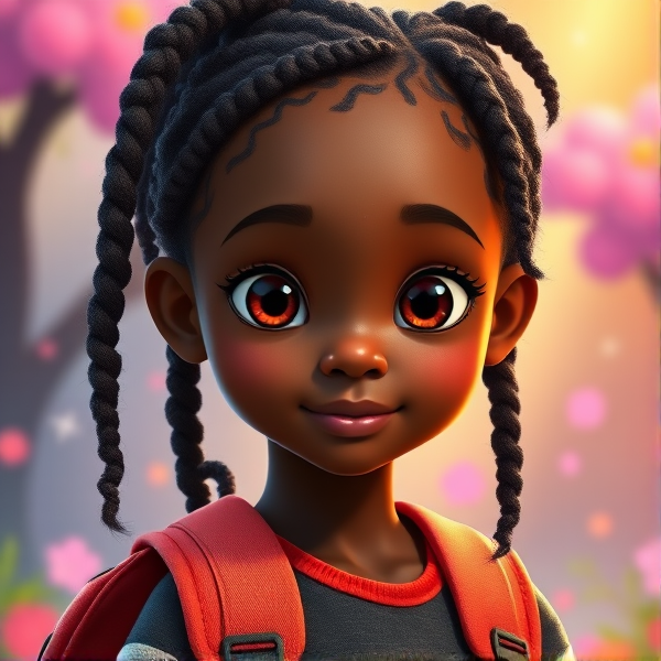 Une écolière noire de huit ans avec des tresses africaines et un cartable