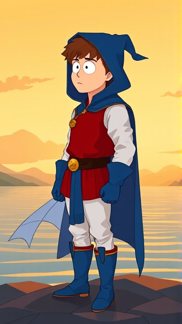 Clyde Donovan from South Park, light skin and brown hair, but as a 14-Year Old, dressed as a medieval prince with a red shirt with white sleeves, a black belt with a gold buckle, white pants, blue boots, blue long-cuffed gloves, and wreathed in a really big, heel-length long, ultra-wide blue hooded cape, now known as Prince Donovan. Despite still being a kid, he is the Youngest Ruler of South Park, Colorado, but now reborn as the real life Kingdom of Kupa Keep, Zaron, and Prince Donovan is its youngest and greatest hero. The young teenage prince of Kupa Keep is currently standing by the shoreline of a lake, looking out to the horizon and wondering what his next adventure will be.