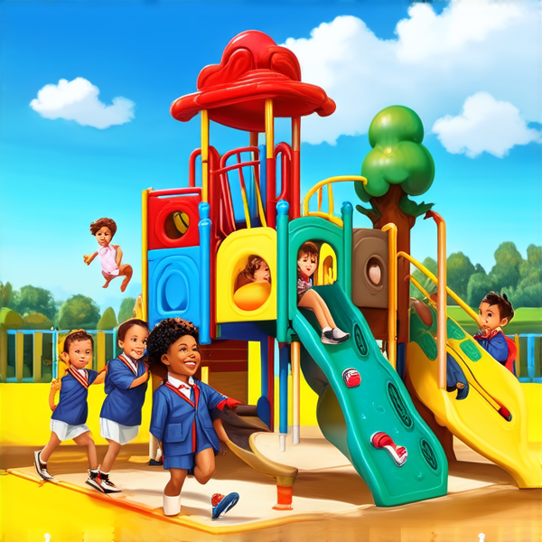 école primaire africaine animée, enfants souriants en uniforme, bâtiment coloré, cours de récréation vivante avec des jeux traditionnels, arbre ombrageux, ciel bleu clair en journée