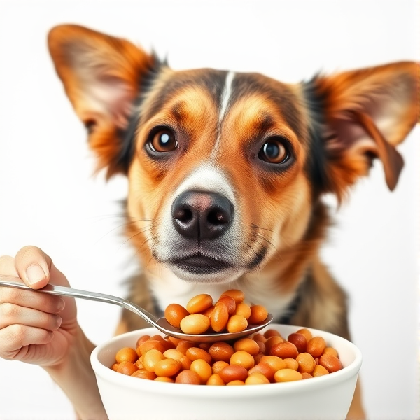 A dog holding a spoon and eating beans