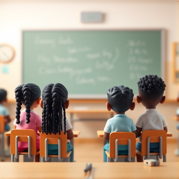 des filles noires de huit ans avec des tresses africaine et garçons assis dans une classe face au tableau