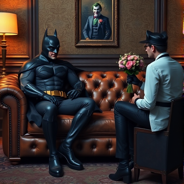 batman dans un chesterfield canapé face a un homme psychologue avec le joker et katwomen avec un bouquet de fleurs