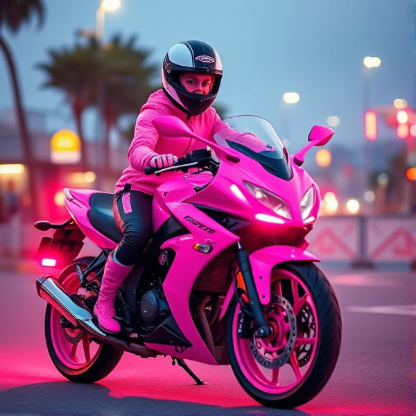 une motarde toute en rose kawaii avec une moto rose fluorescente