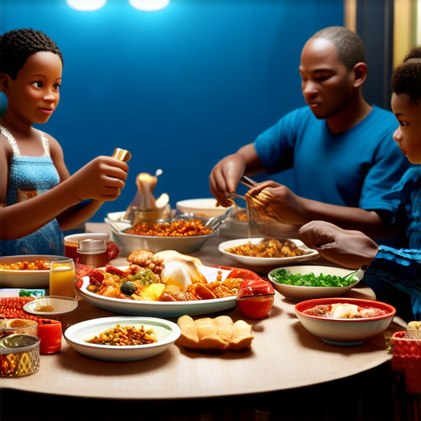 Repas de famille afro-américaine traditionnel, réunis autour d'une grande table avec des plats faits maison typiques