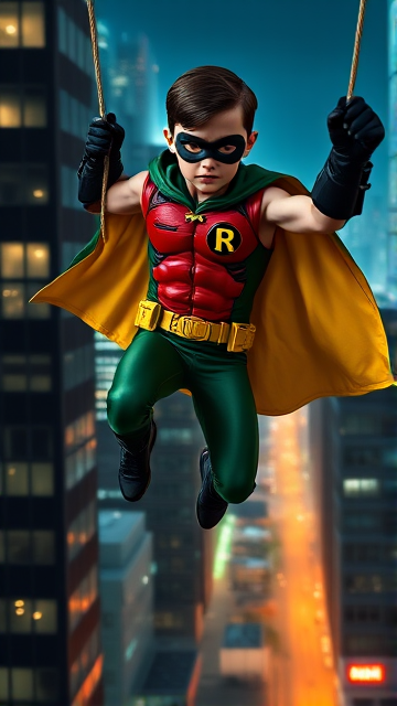 Movie Scene: A medium, preteen 12-year old boy with light skin and dark brown hair named Connor Bardley, but dressed as Robin, The Boy Wonder, with an extremely muscular body, a sleek green suit with a red torso with a black circle with a yellow R symbol on his left pectoral, a gold utility belt, black boots, black long-cuffed gloves, a big, heel-length, ultra-wide cape that's black on the outside and yellow on the inside, and a black eye mask, swinging from a rope through the city at night, ready to fight crime and save the day.