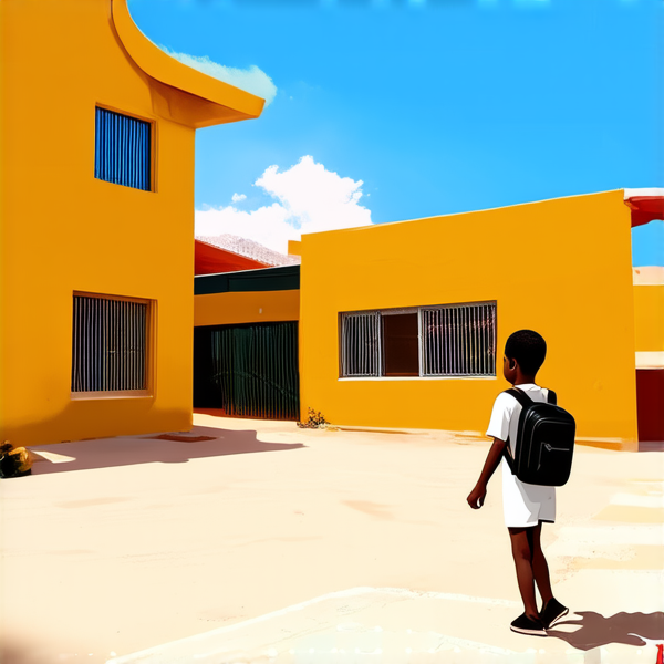 bâtiment d'une école primaire typique au gabon avec des enfants noirs avec des cartables jouant dans la cour, sous un ciel bleu clair