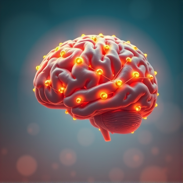 A human brain made of a nurturing network of neurons, with soft golden glowing synapses symbolizing empathy, suspended in an ethereal, warmly-lit space to represent the vastness of cognitive processes. The background is a subtle gradient from deep blue to light cerulean, emulating the transition from subconscious to conscious thought. A gentle halo effect highlights the brain's contours. The style is hyper-realistic with a touch of surrealism to emphasize the intricacy and wonder of neuroscience. Lighting is soft and diffused, creating a calm and understanding atmosphere. Camera position is directly lateral at eye level, providing a clear and focused view on the empathetic neural network while maintaining depth and perspective